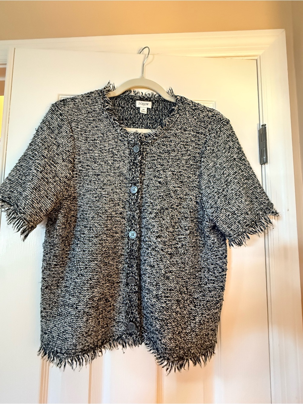 J. Crew Black and White Tweed Short-Sleeve Fringe Jacket
